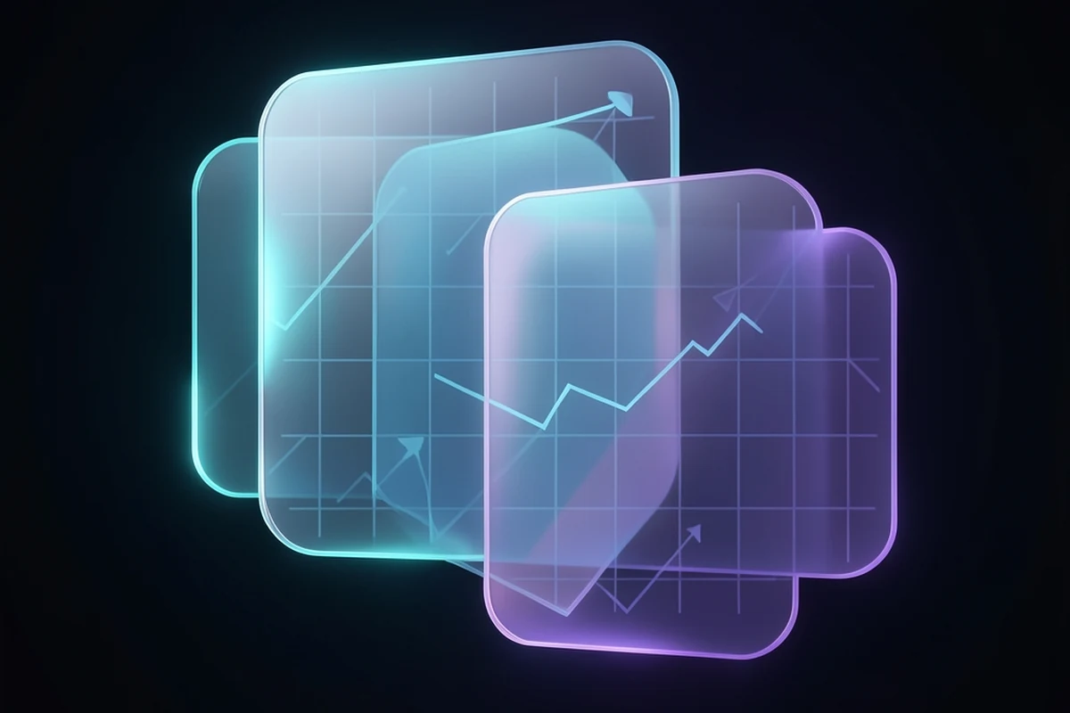 An abstract 3D illustration of overlapping translucent chart panels catching light