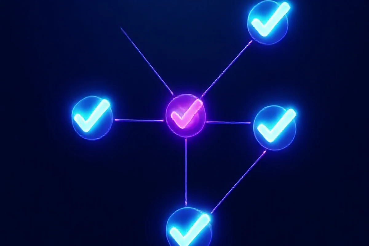 Five glowing checkmark nodes connected in a sequence, representing a chart-evaluation checklist