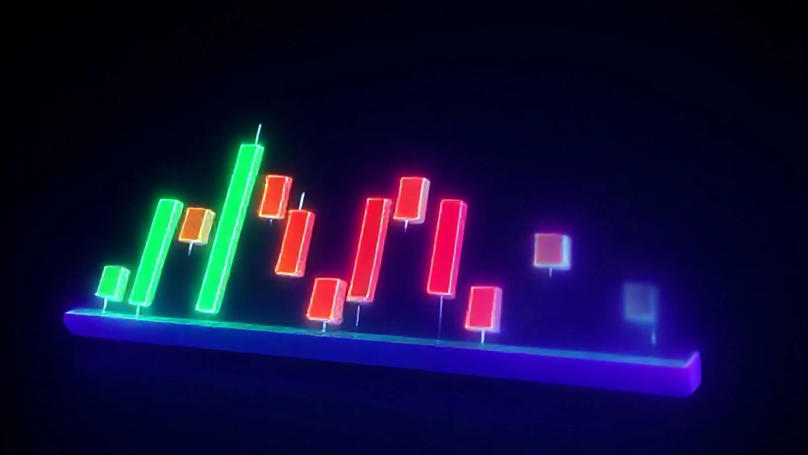 A glowing 3D candlestick chart floating in dark space, green and red candles rising along a price axis