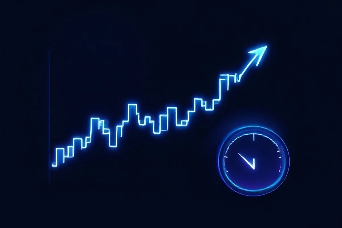 A simple diagram of a moving average line smoothing through jagged price candles, with an RSI gauge beside it