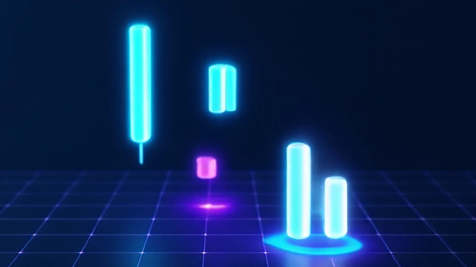 A row of glowing 3D candlestick shapes including a doji and a hammer pattern floating above a dark grid